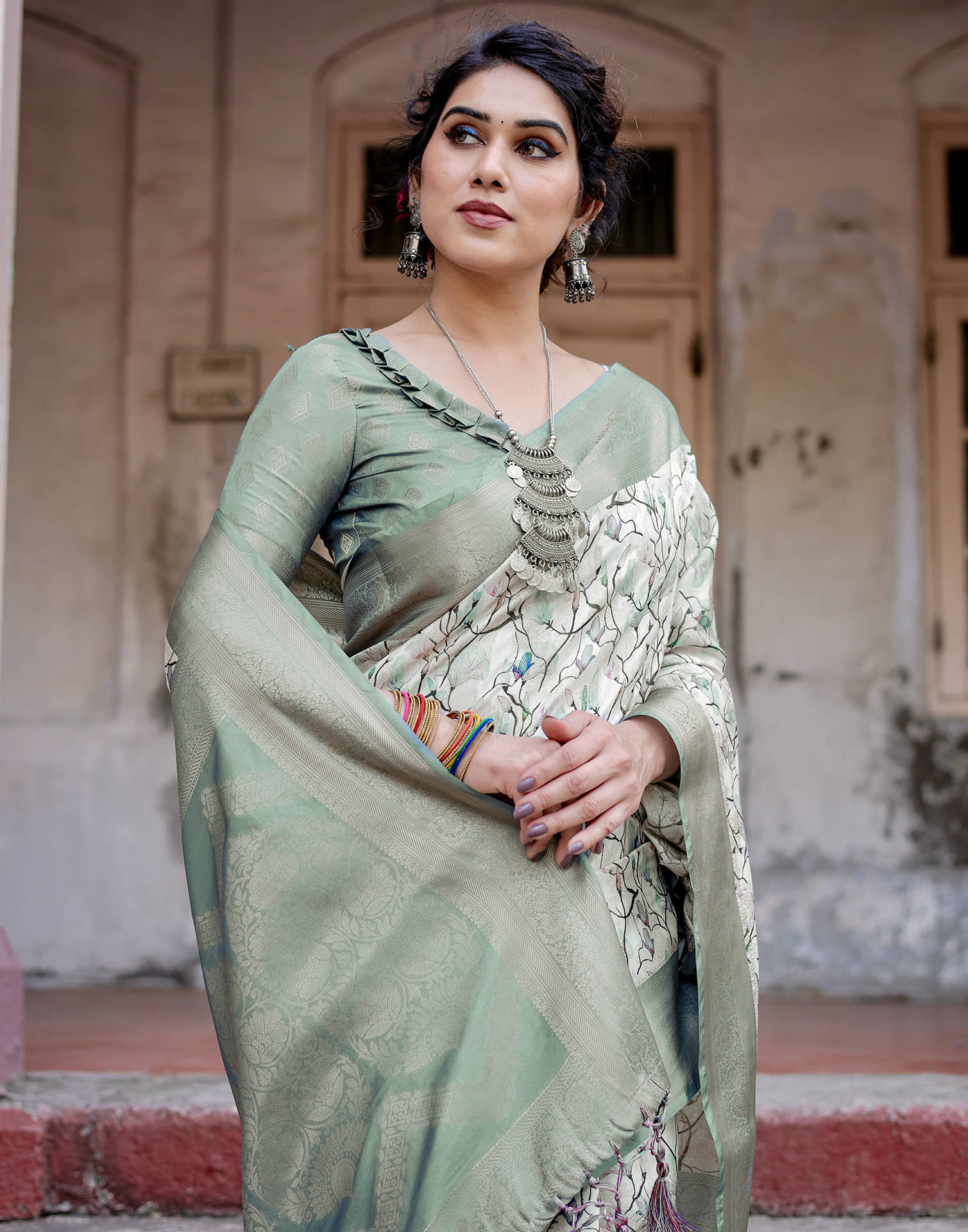Grey Silk Printed Saree