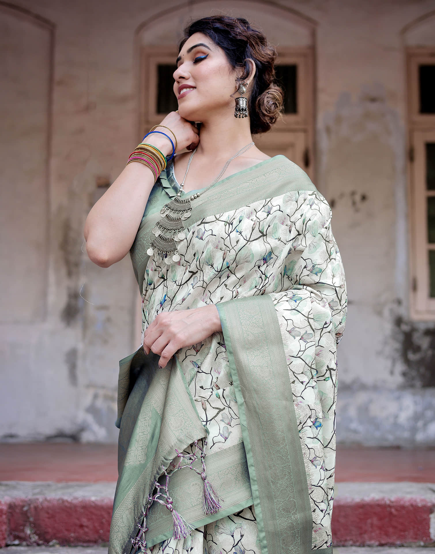 Grey Silk Printed Saree