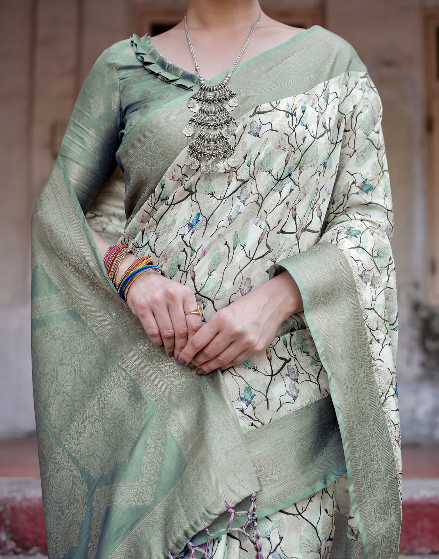 Grey Silk Printed Saree