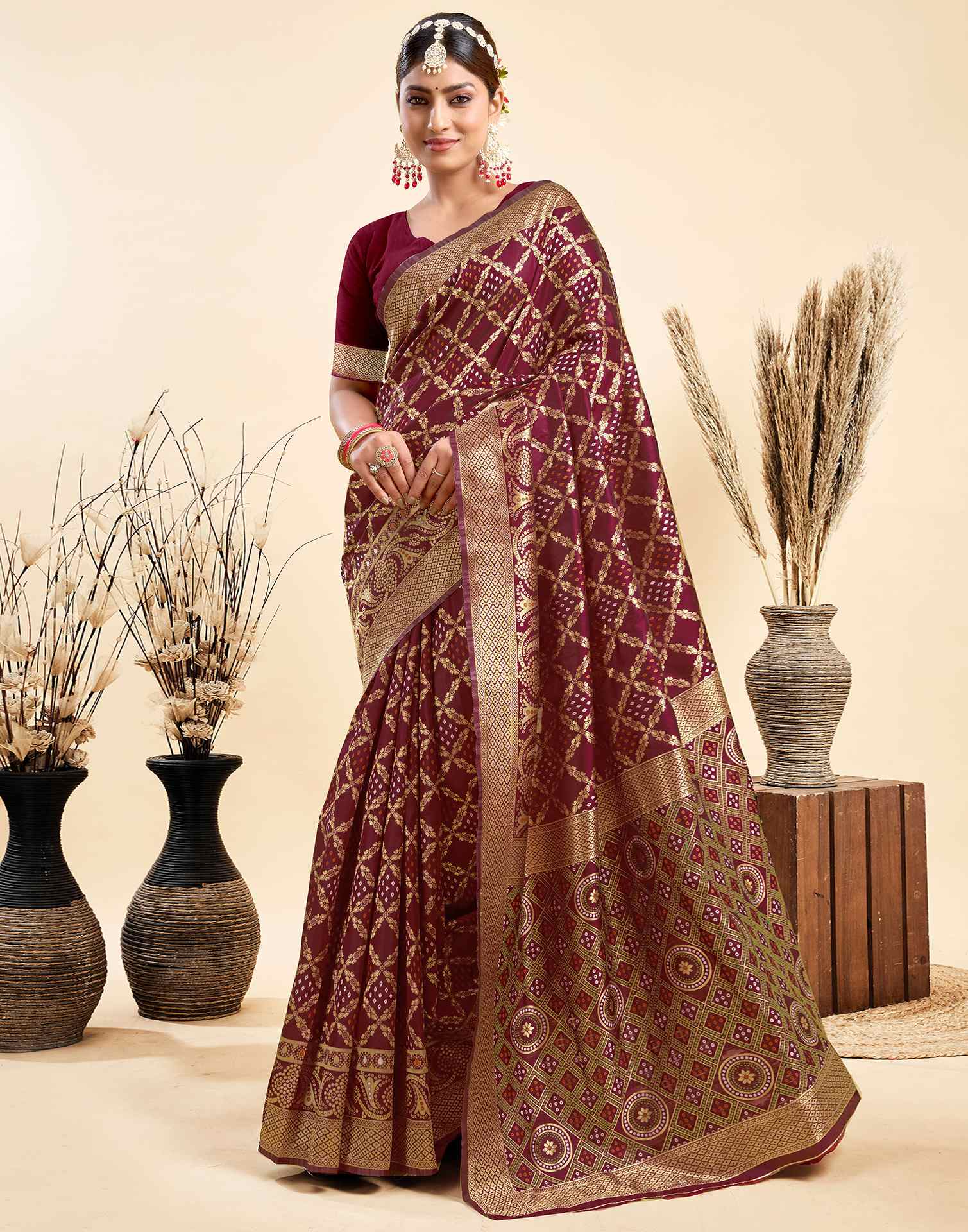 Maroon Silk Woven Banarasi Saree