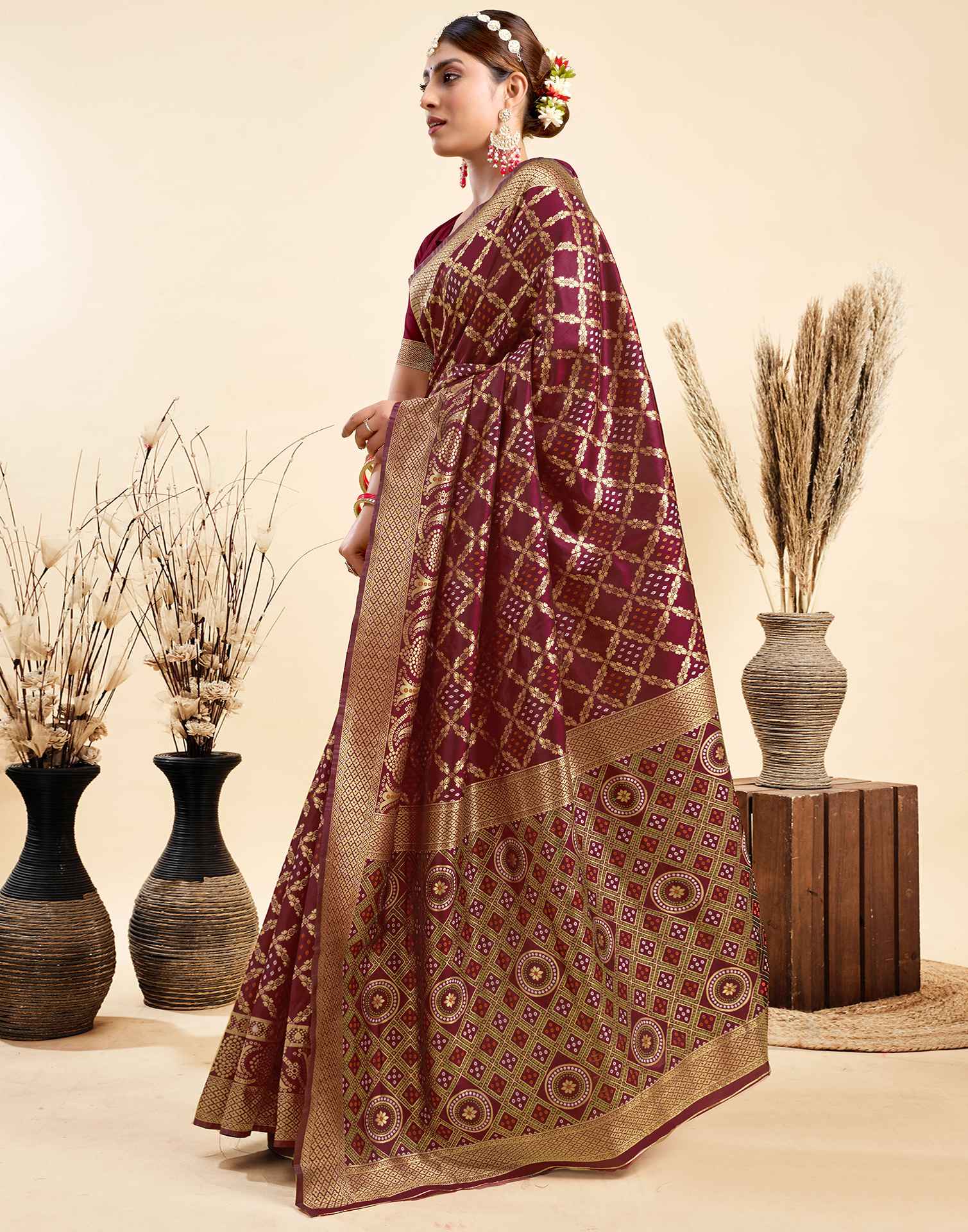 Maroon Silk Woven Banarasi Saree