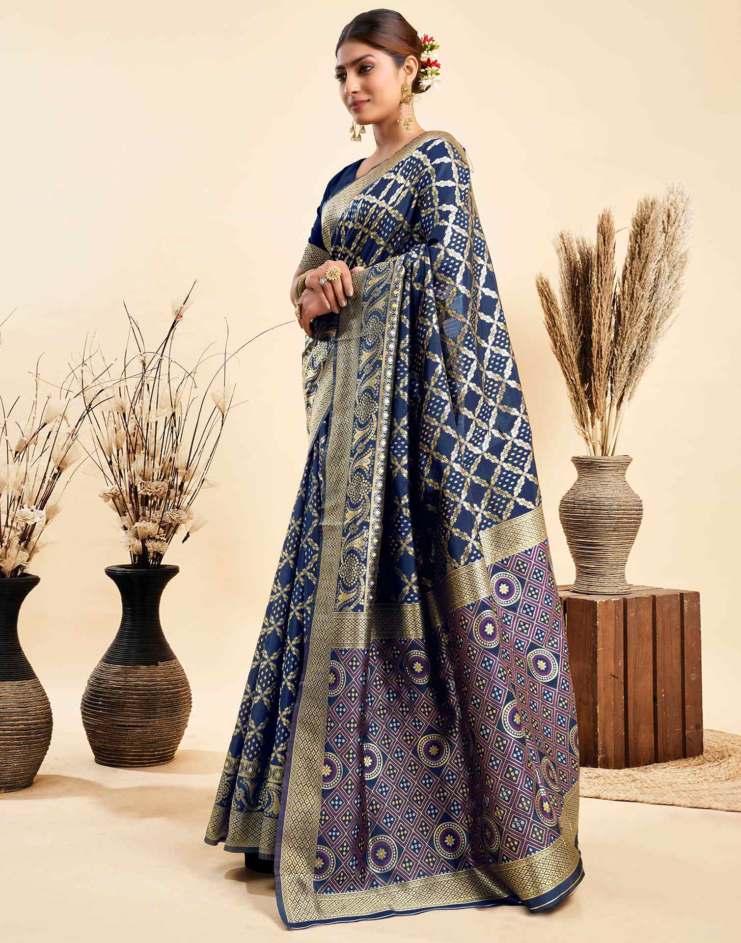 Dark Blue Silk Woven Banarasi Saree