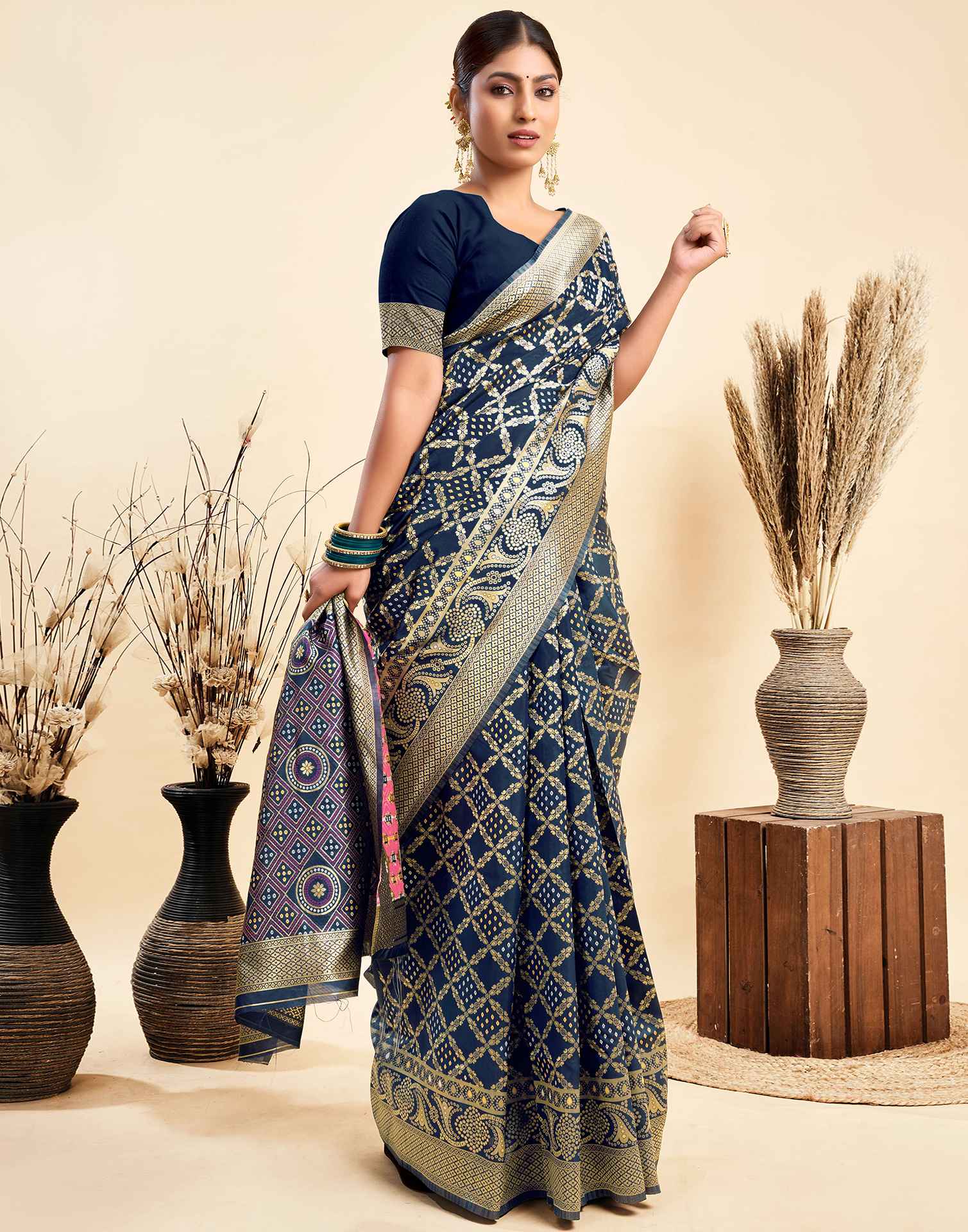 Dark Blue Silk Woven Banarasi Saree