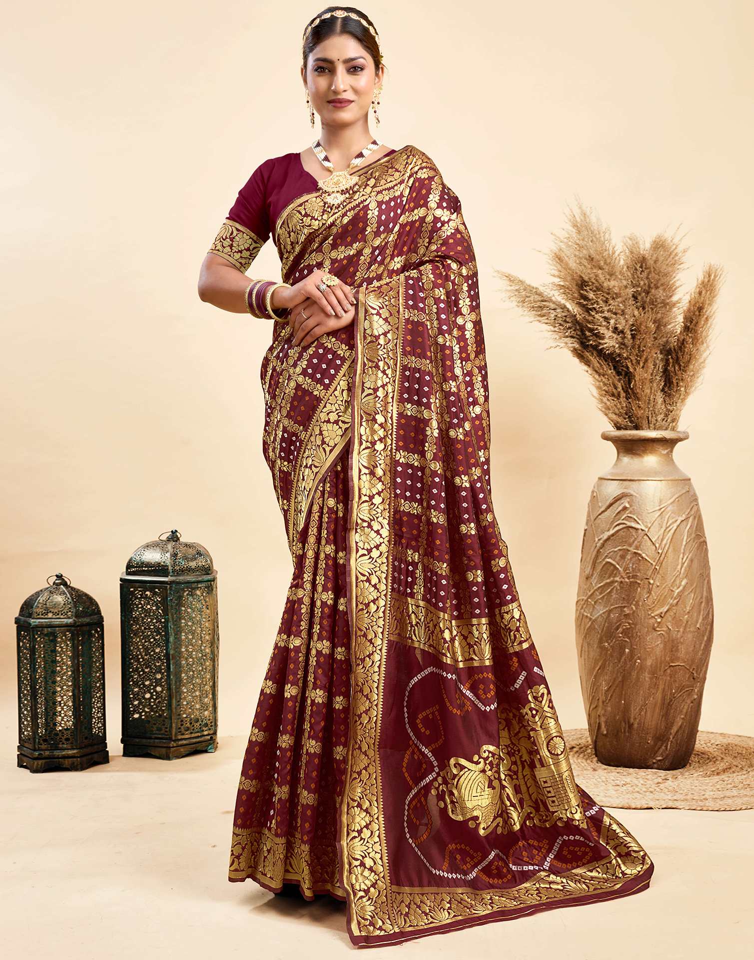 Maroon Silk Woven Banarasi Saree