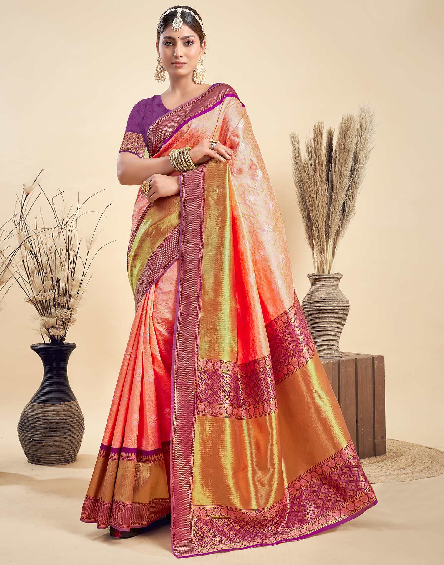Light Orange Silk Woven Saree