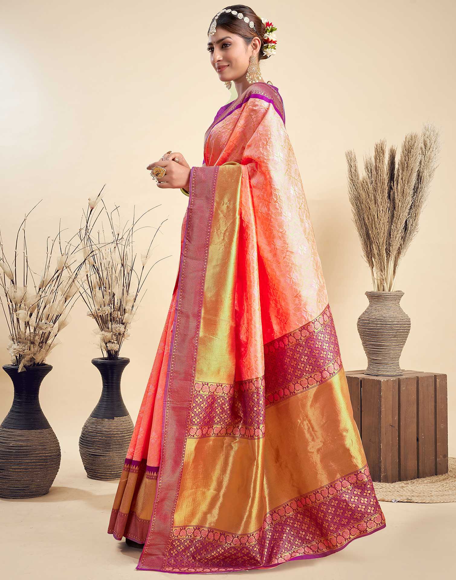 Light Orange Silk Woven Saree