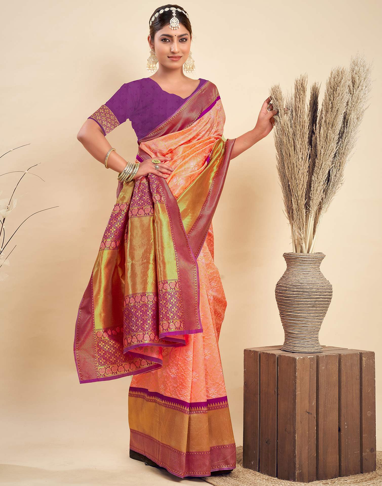 Light Orange Silk Woven Saree