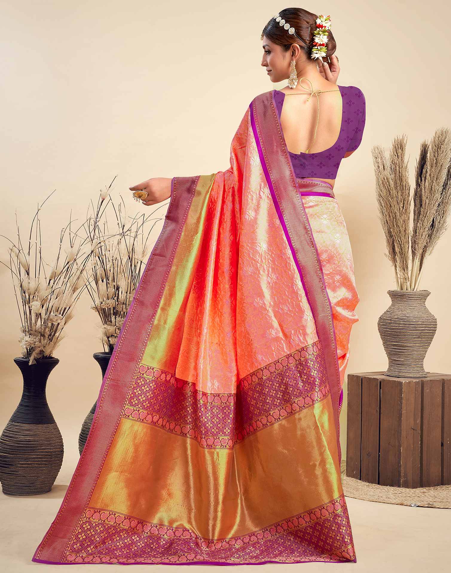 Light Orange Silk Woven Saree