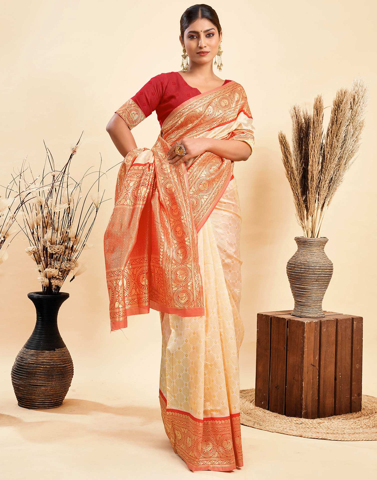 Beige Silk Woven Kanjivaram Saree
