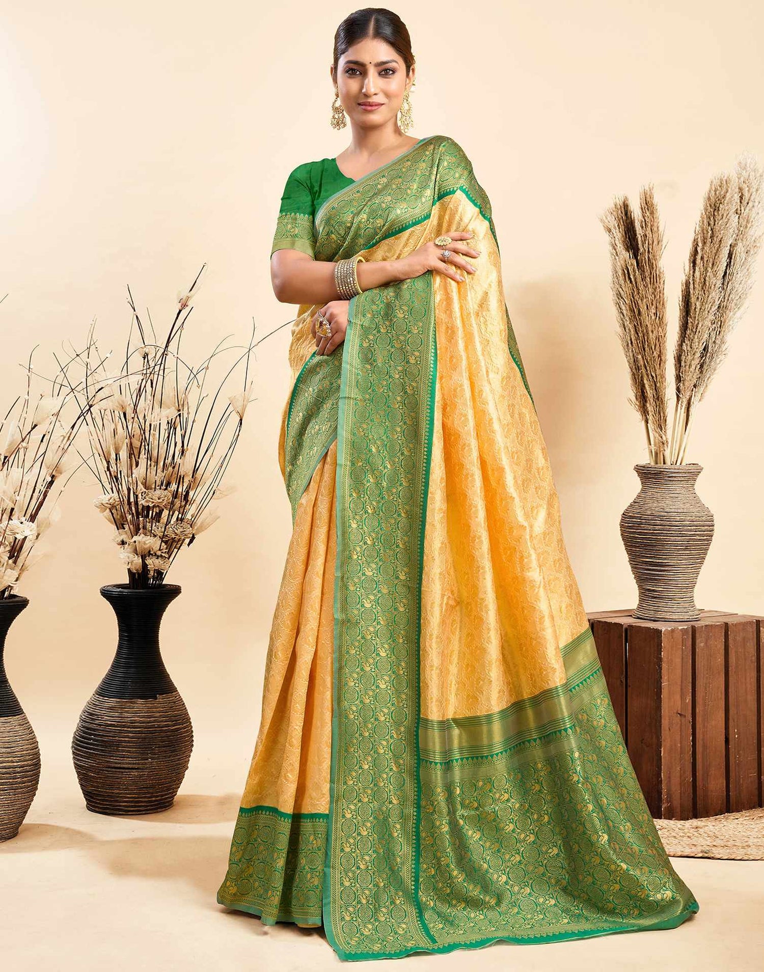 Beige Silk Woven Kanjivaram Saree