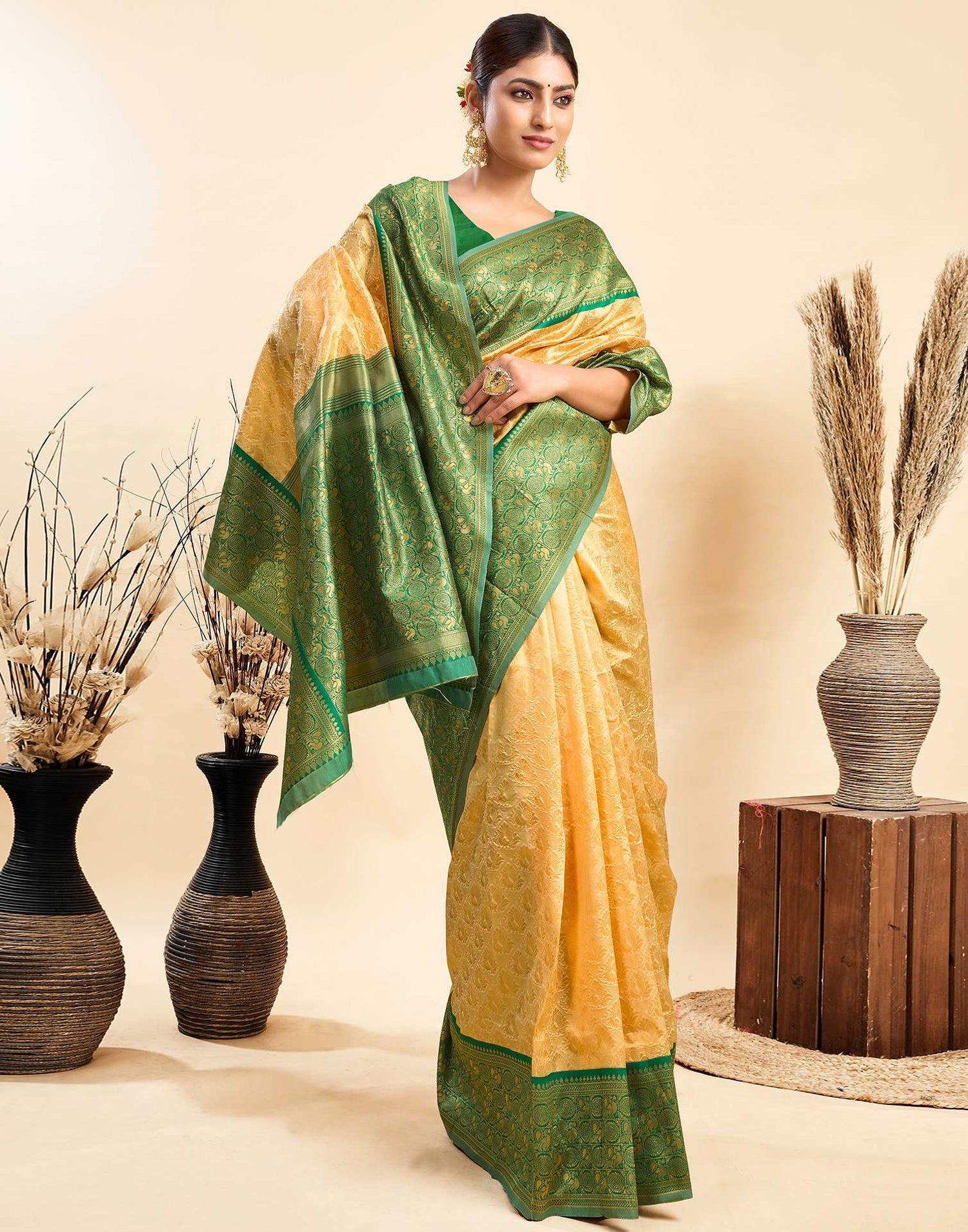 Beige Silk Woven Kanjivaram Saree