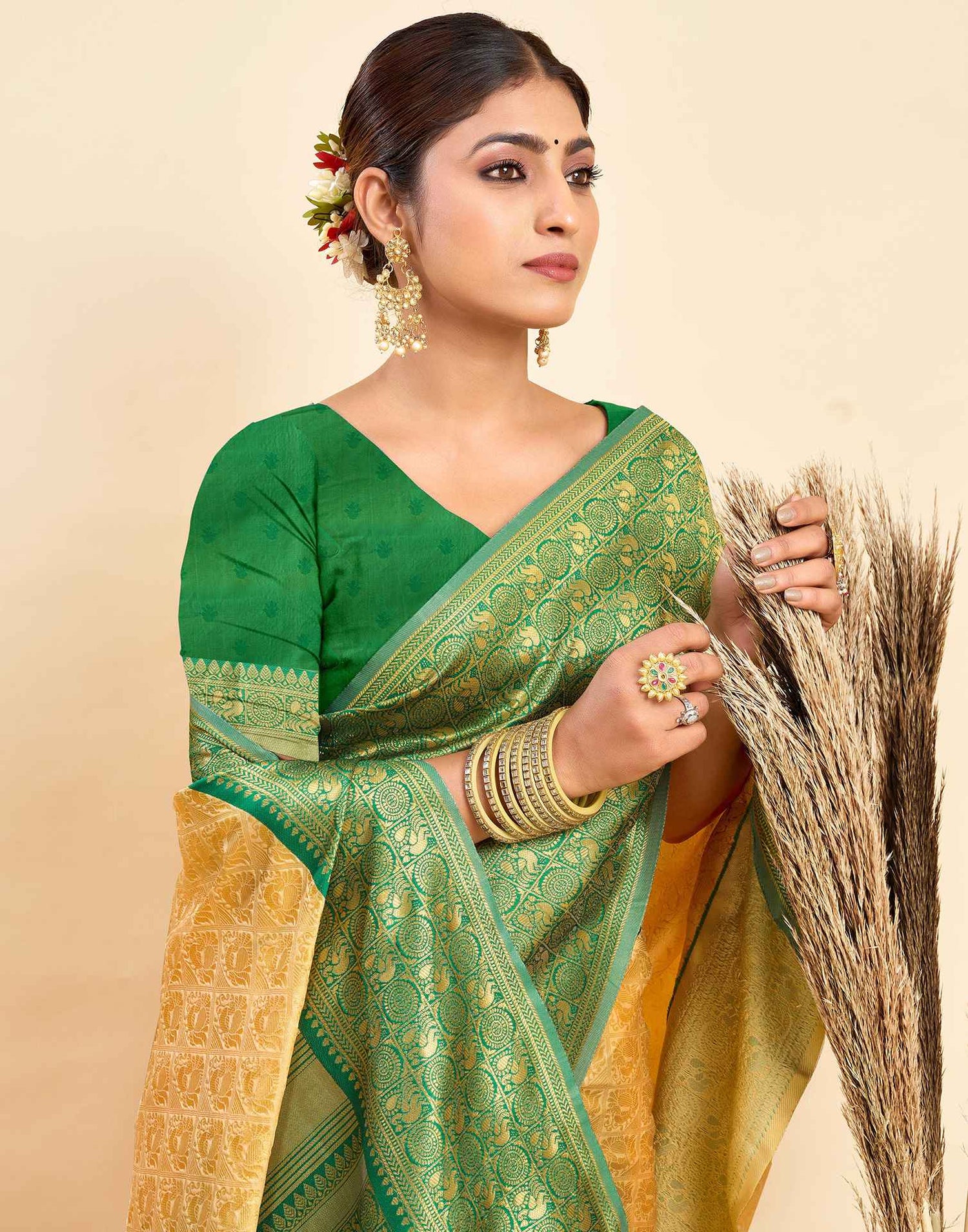Beige Silk Woven Kanjivaram Saree