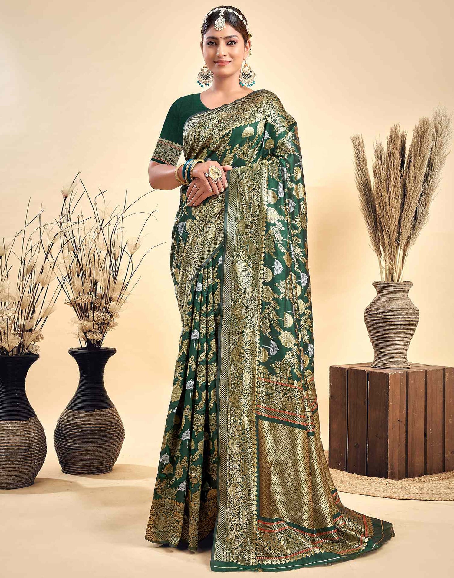 Dark Green Silk Woven Banarasi Saree