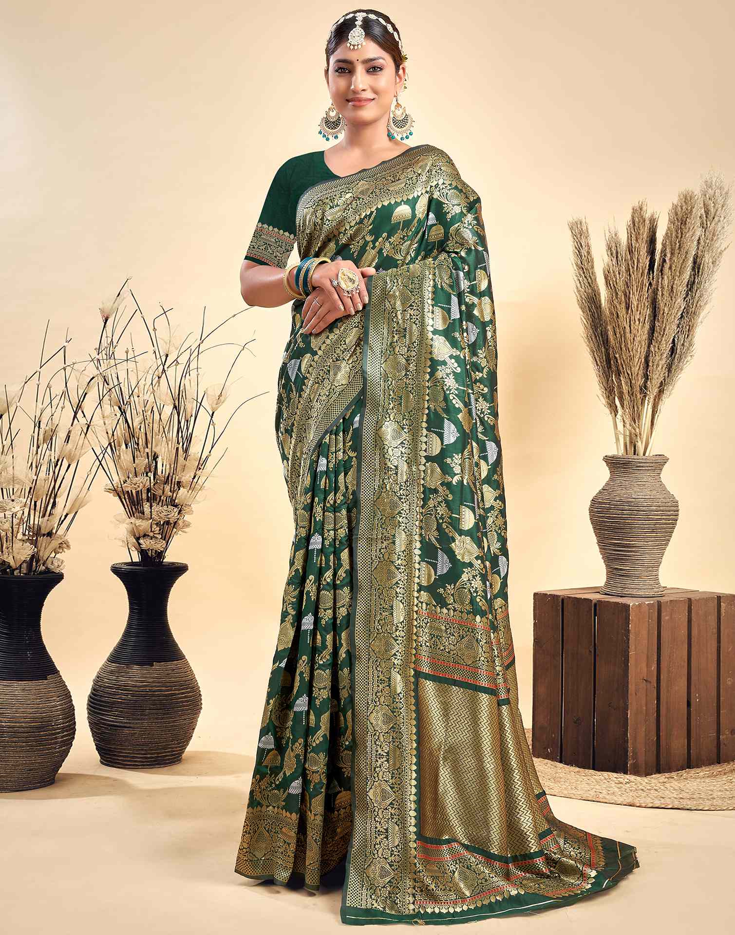 Dark Green Silk Woven Banarasi Saree