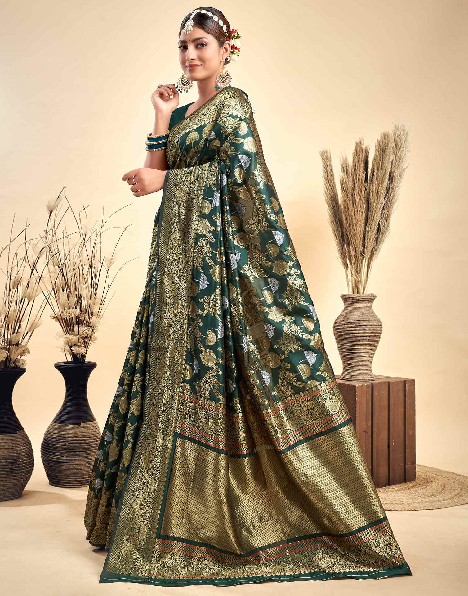 Dark Green Silk Woven Banarasi Saree