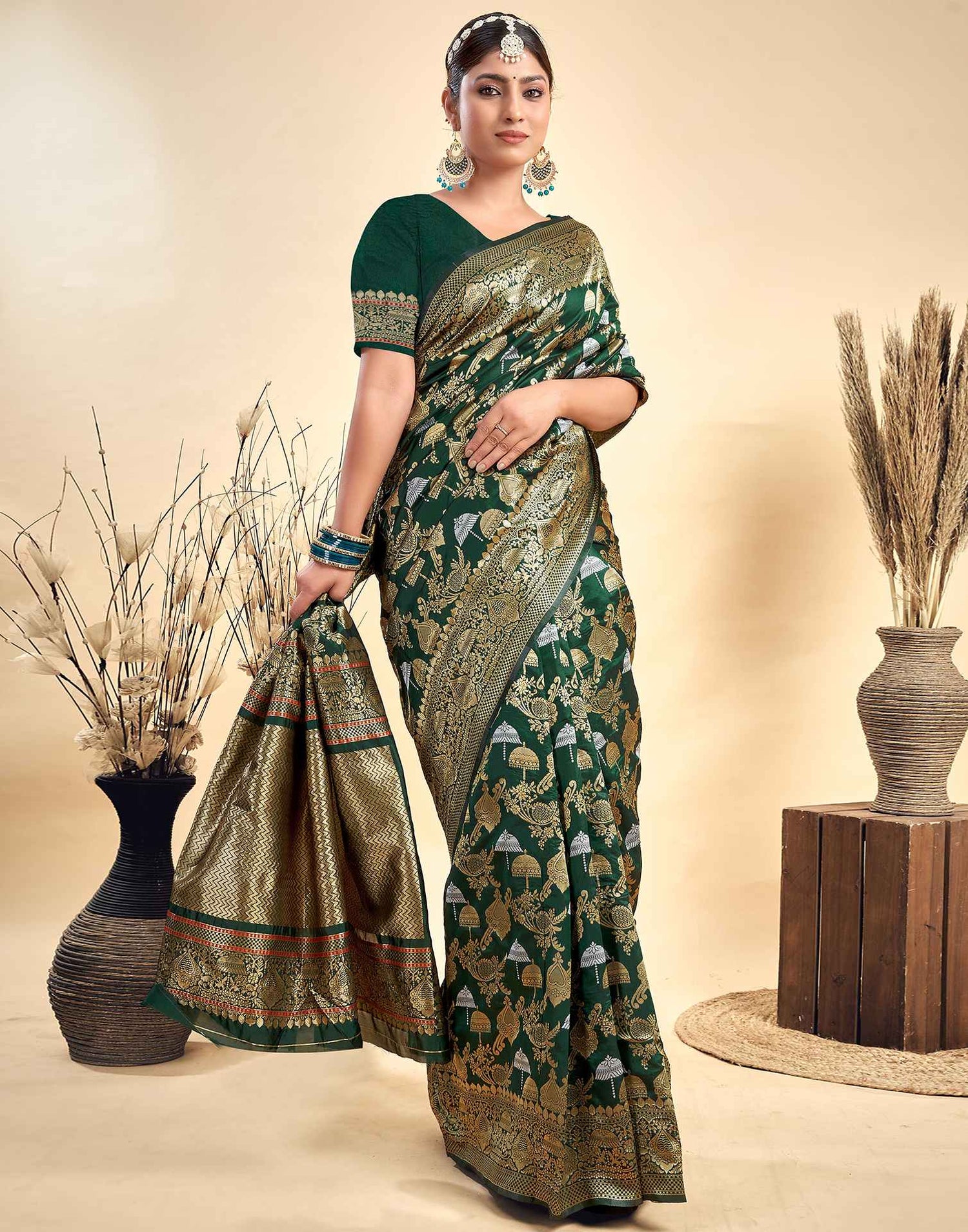Dark Green Silk Woven Banarasi Saree