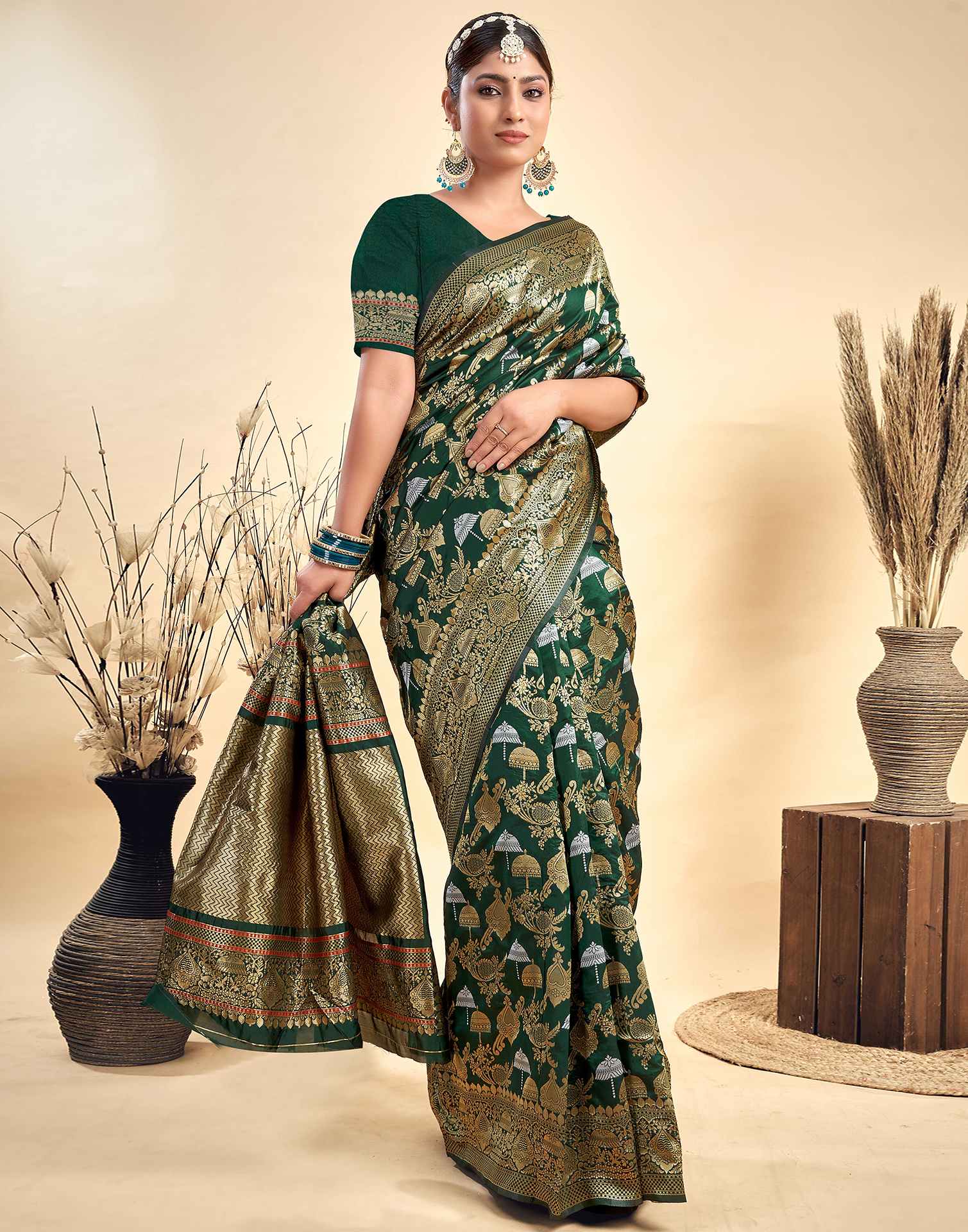 Dark Green Silk Woven Banarasi Saree