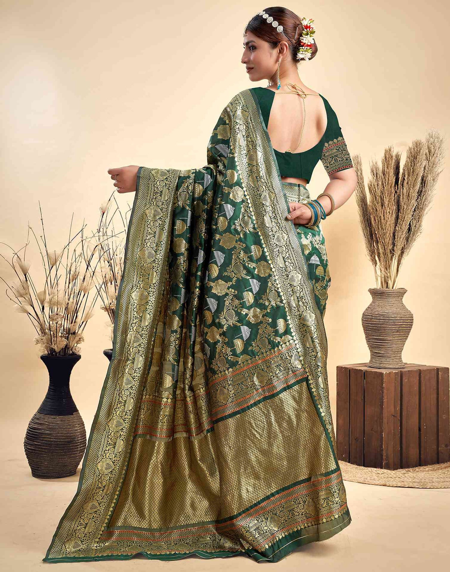 Dark Green Silk Woven Banarasi Saree