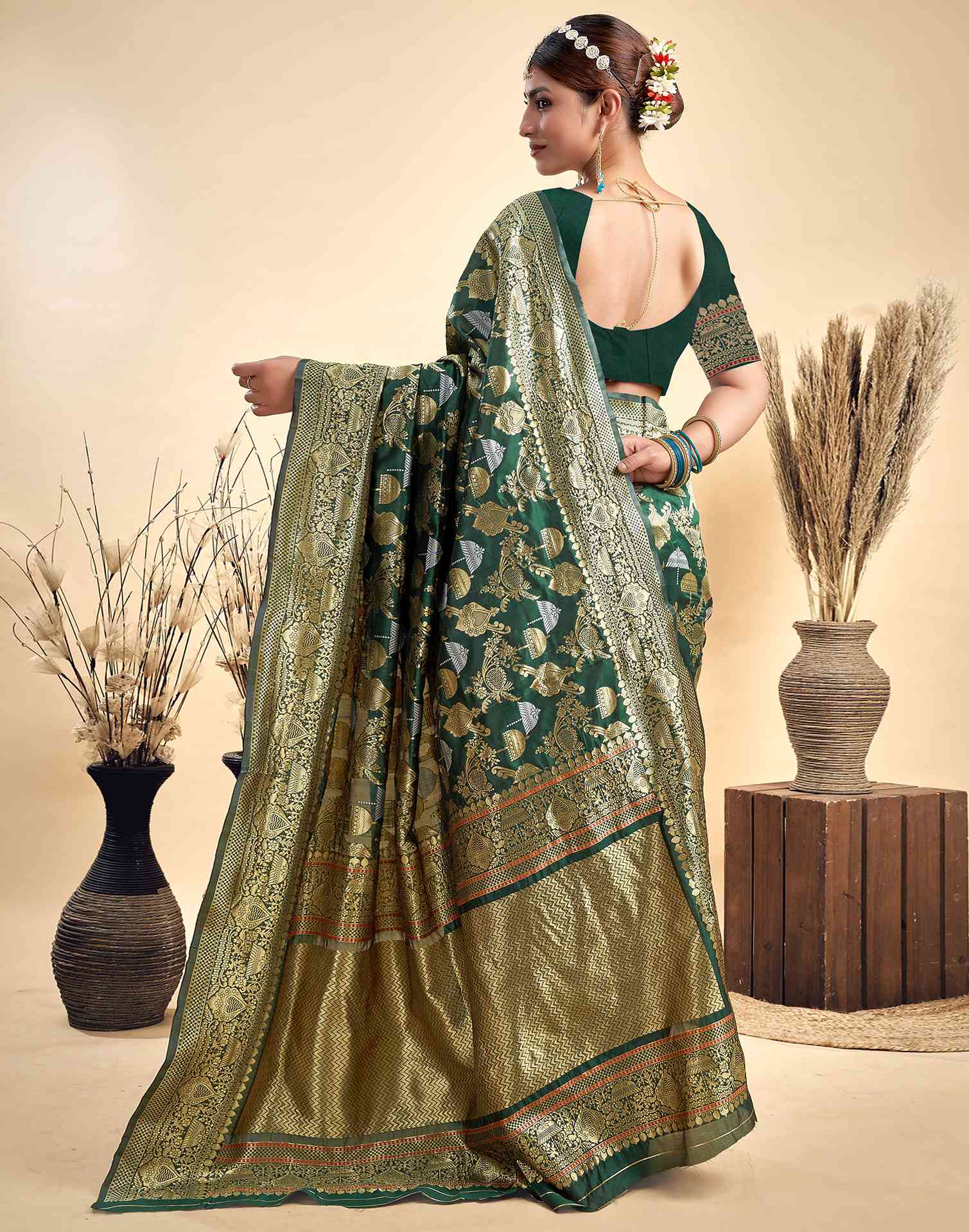 Dark Green Silk Woven Banarasi Saree