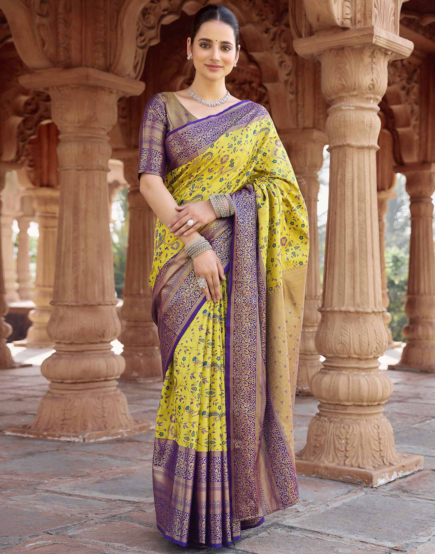 Lime Yellow Silk Woven Kanjivaram Saree