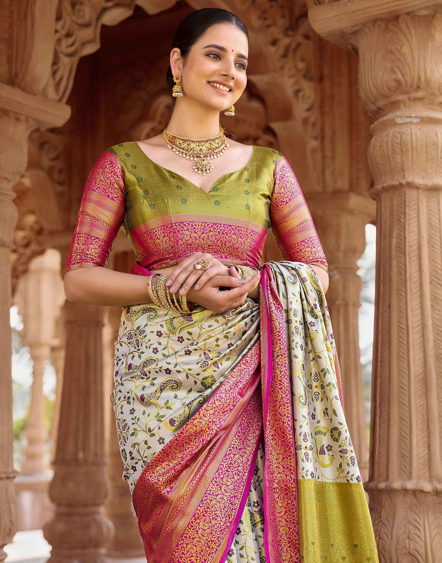 Off White Silk Woven Kanjivaram Saree