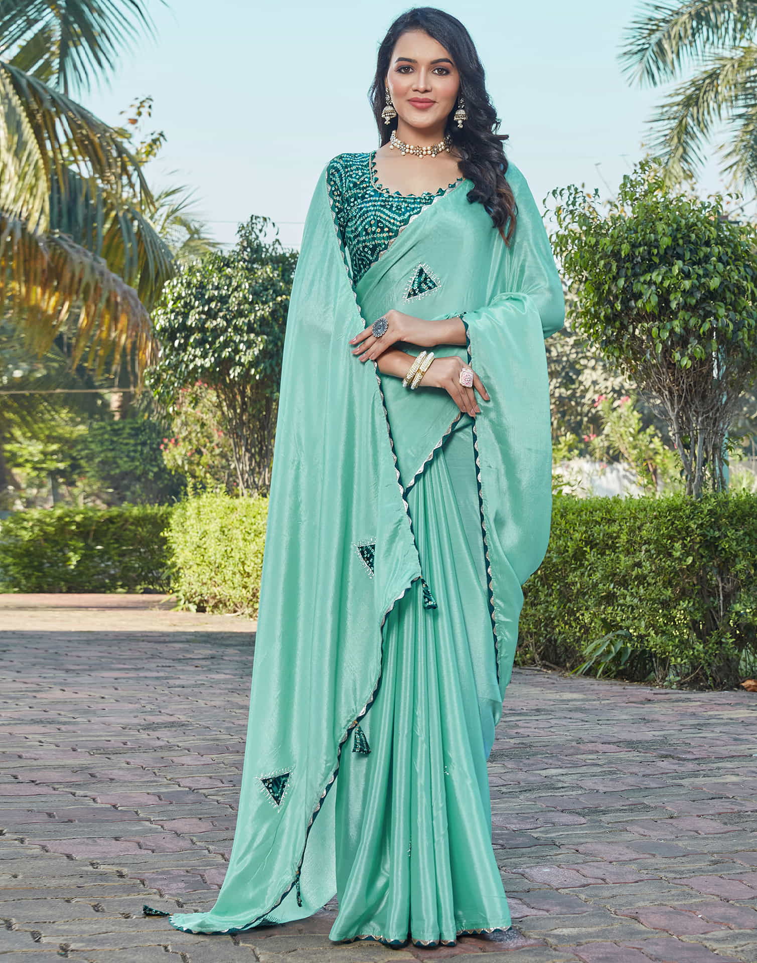 Pale Teal Green Chinnon Patch Work Embellished Saree