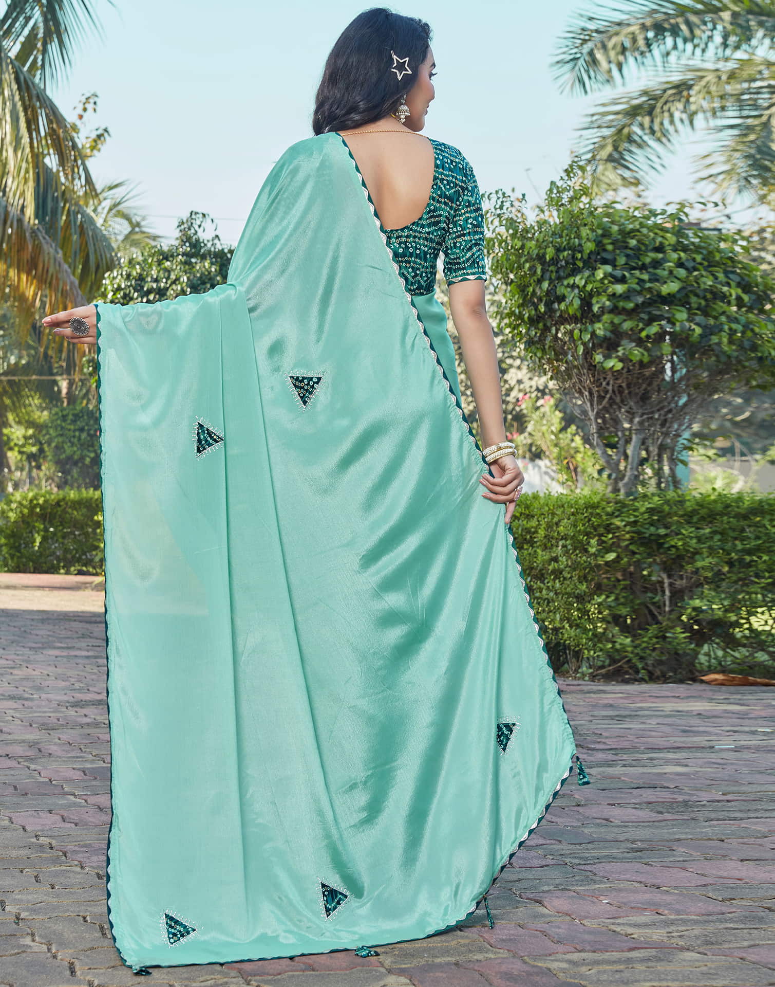 Pale Teal Green Chinnon Patch Work Embellished Saree