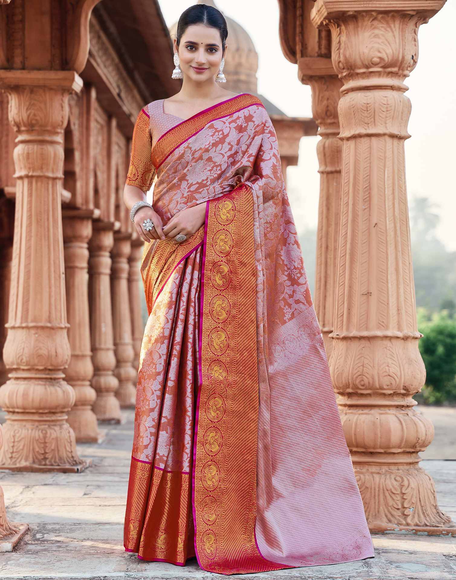 Peach Silk Woven Kanjivaram Saree