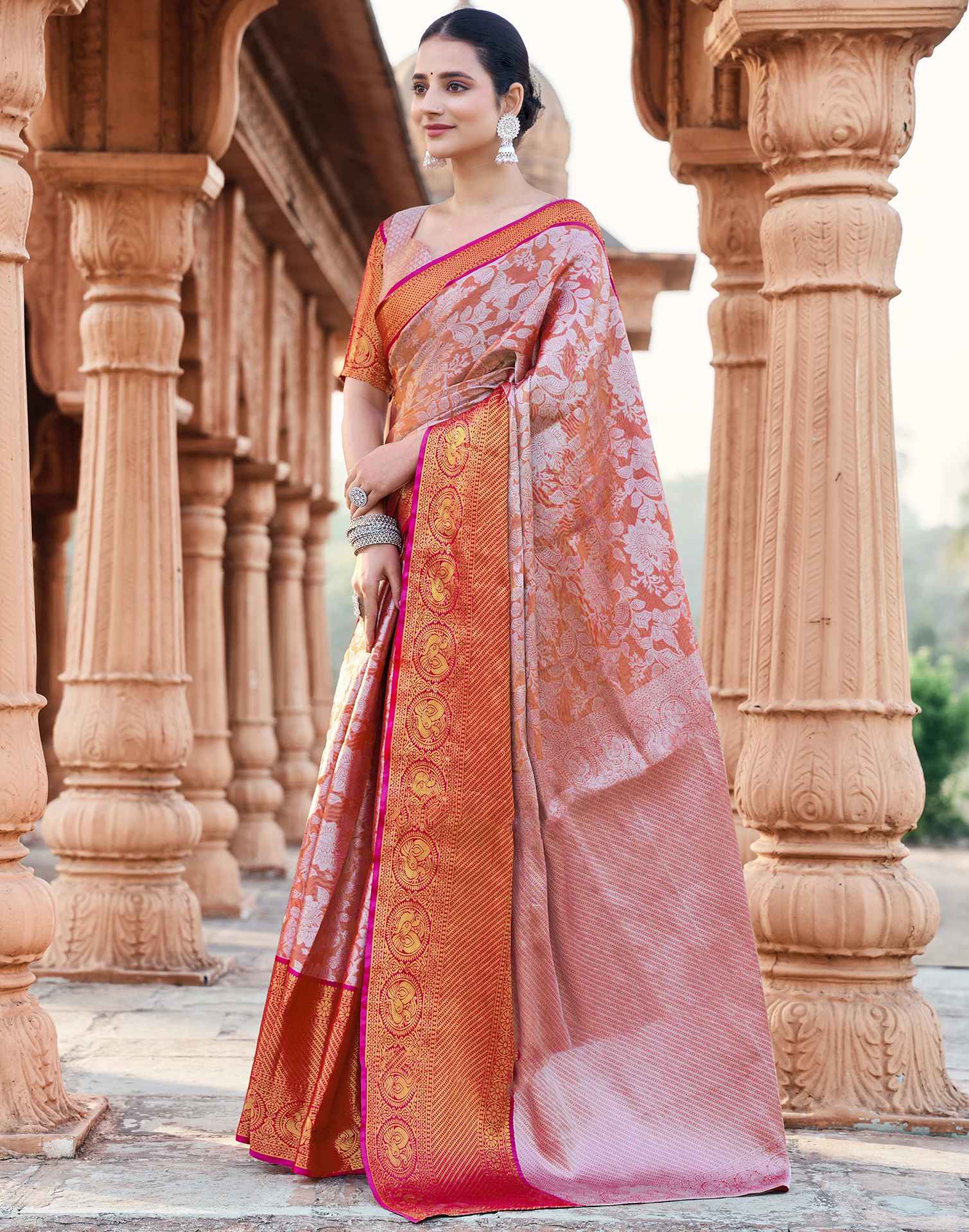 Peach Silk Woven Kanjivaram Saree