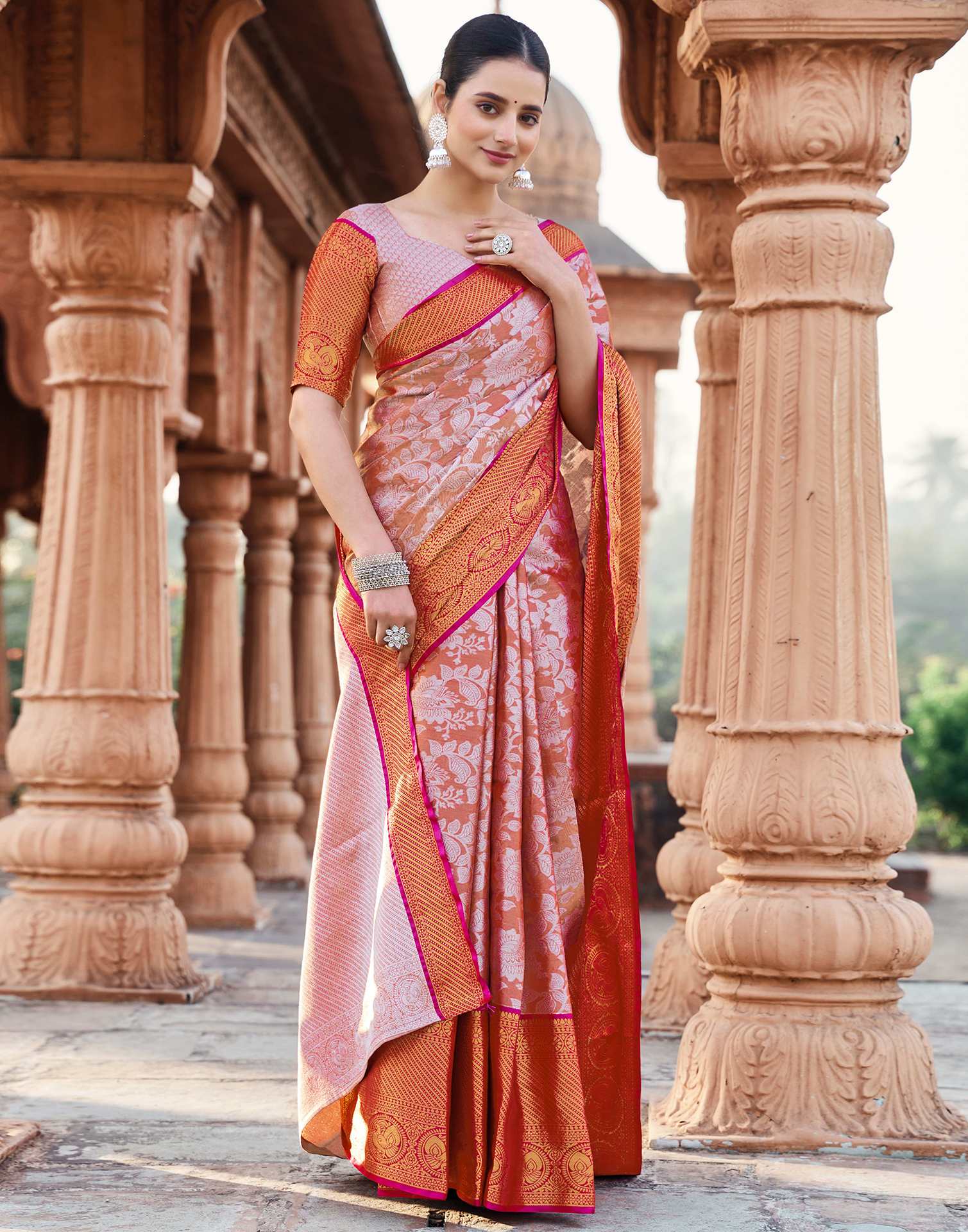 Peach Silk Woven Kanjivaram Saree