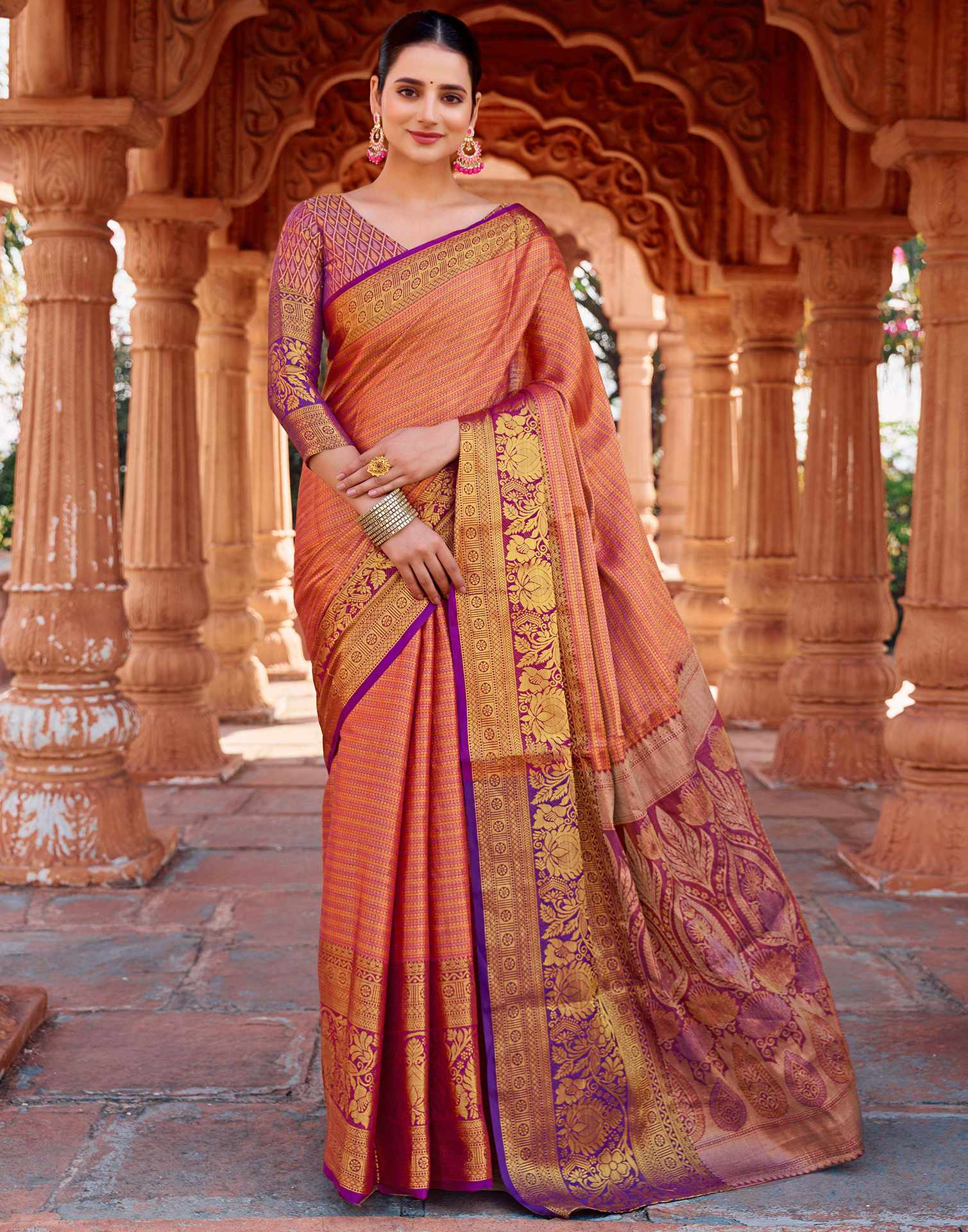 Orange Silk Woven Kanjivaram Saree