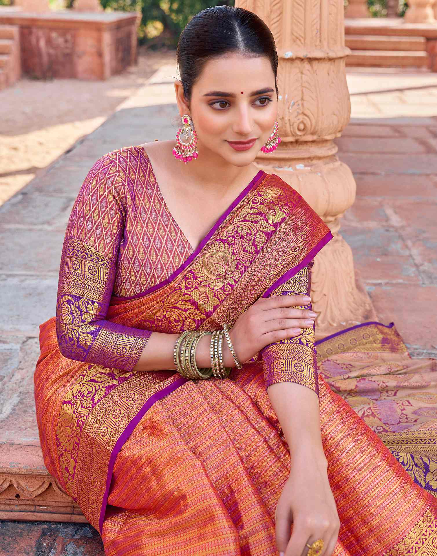 Orange Silk Woven Kanjivaram Saree