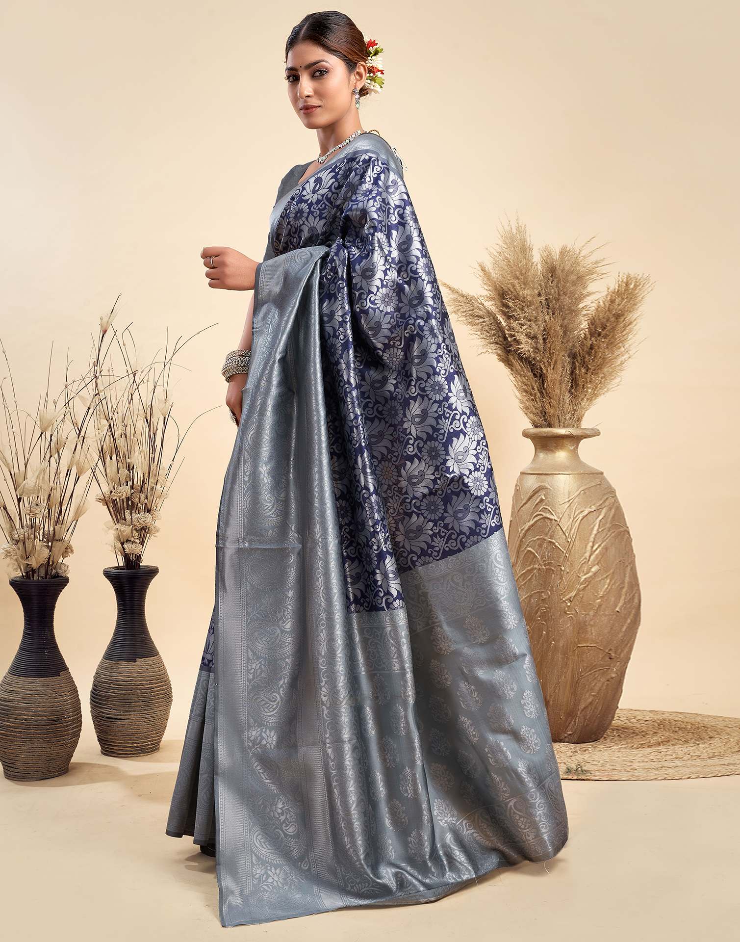 Navy Blue Silk Woven Banarasi Saree