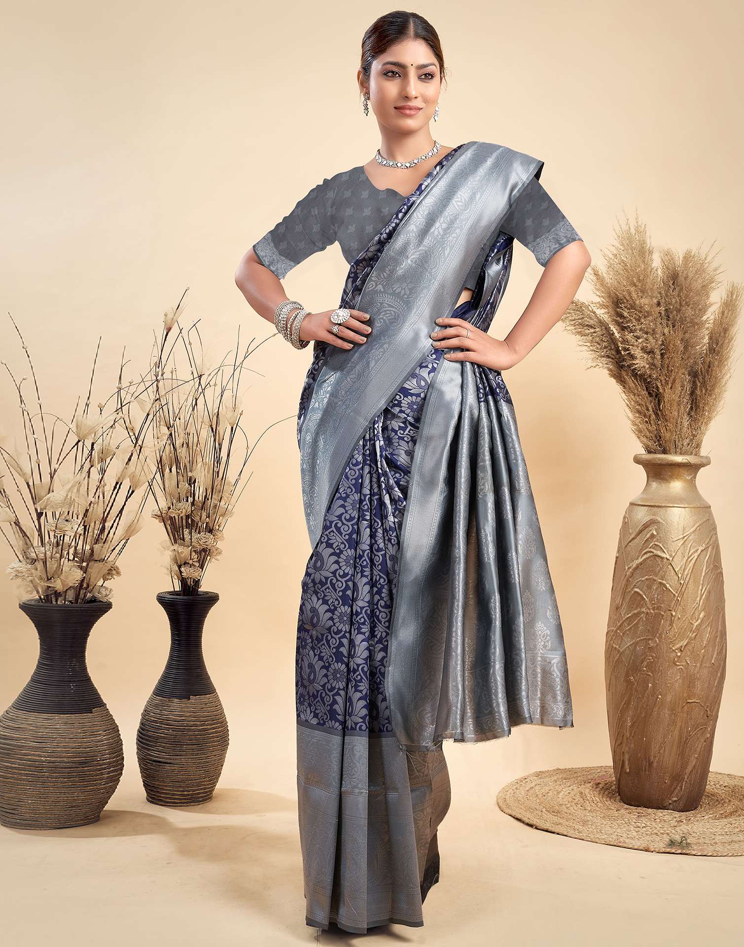 Navy Blue Silk Woven Banarasi Saree