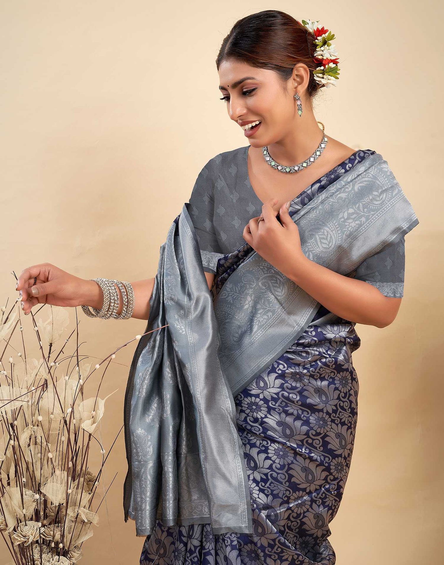 Navy Blue Silk Woven Banarasi Saree