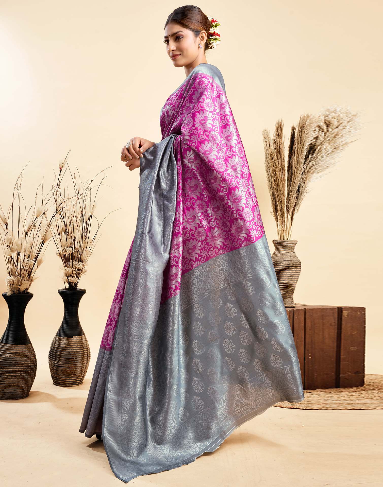 Magenta Silk Woven Banarasi Saree