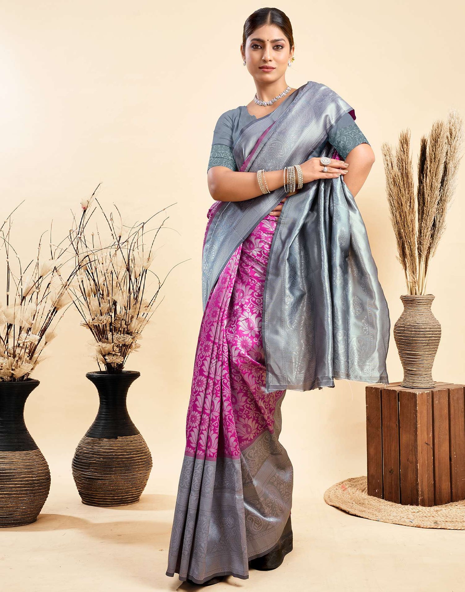 Magenta Silk Woven Banarasi Saree