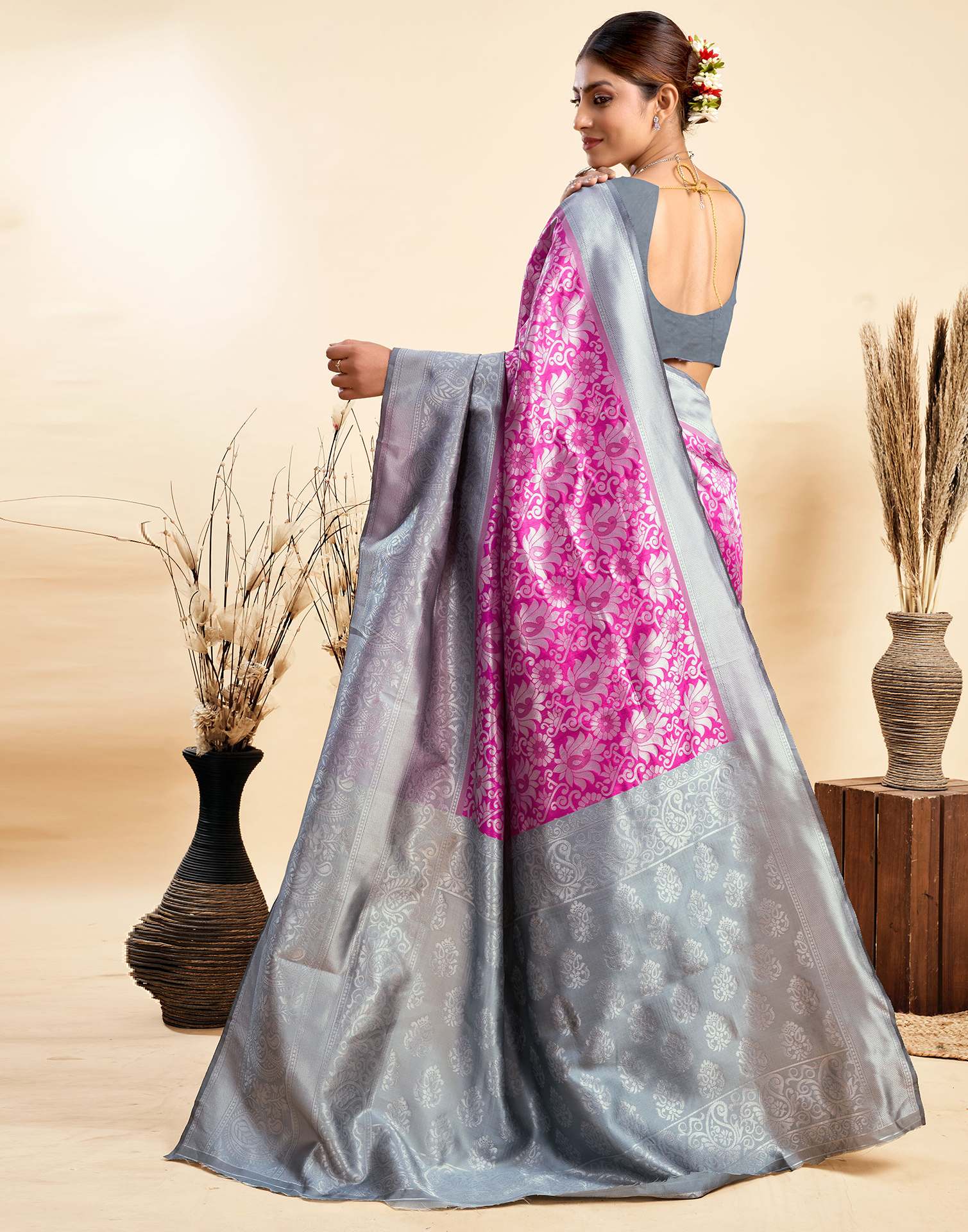 Magenta Silk Woven Banarasi Saree