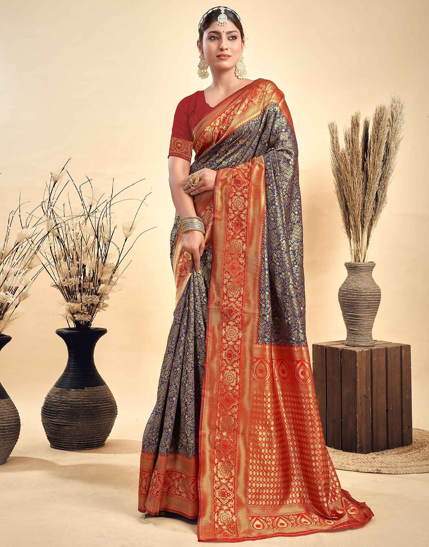 Navy Blue Silk Woven Banarasi Saree
