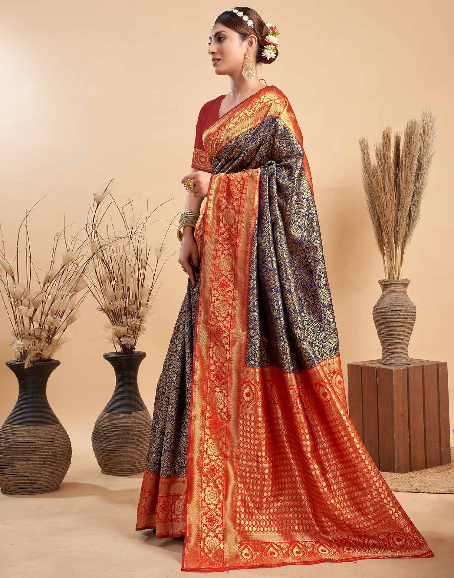 Navy Blue Silk Woven Banarasi Saree