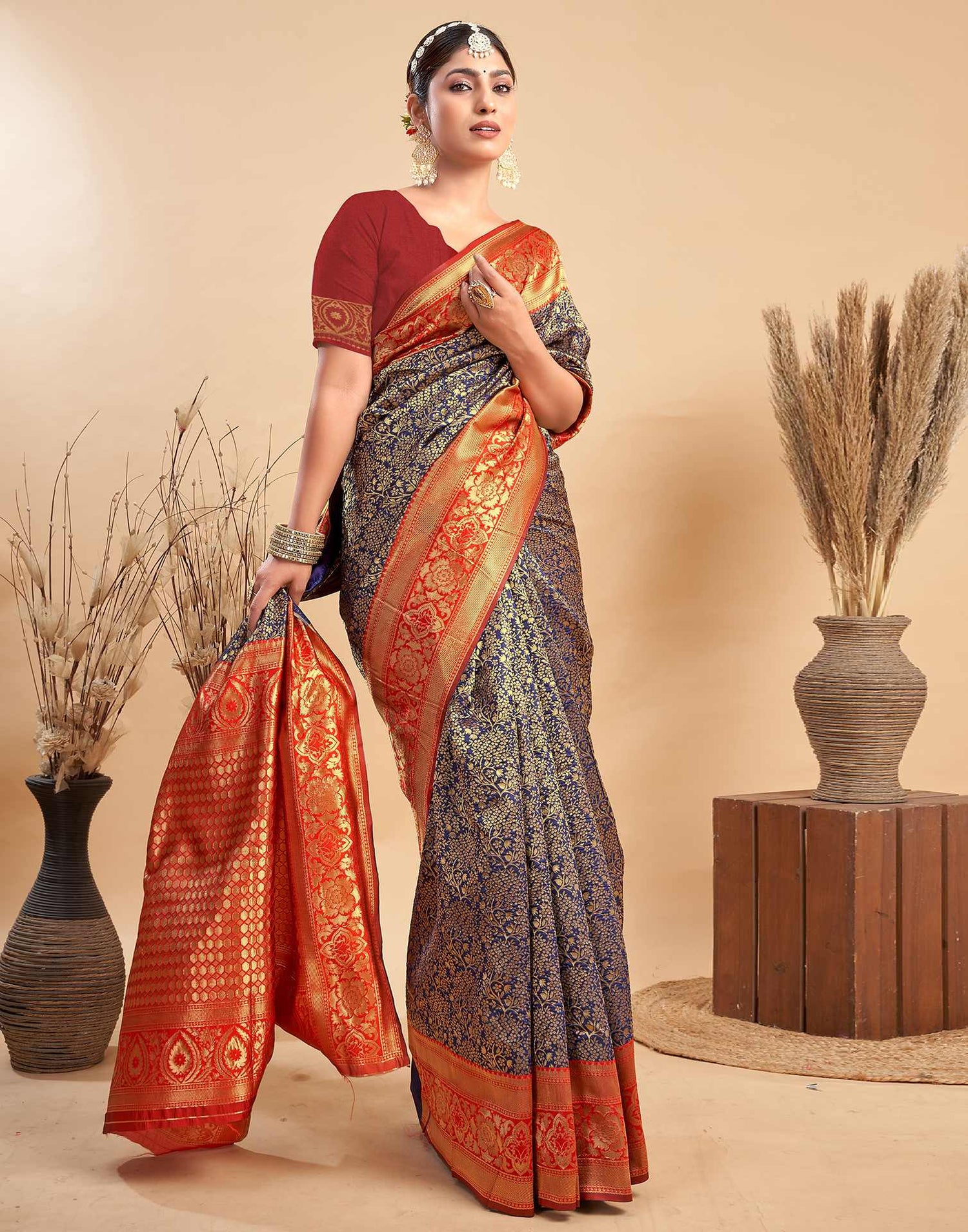 Navy Blue Silk Woven Banarasi Saree