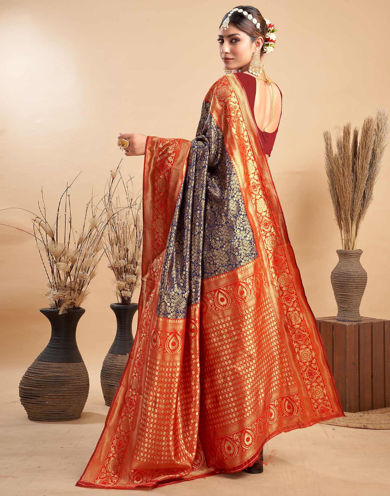 Navy Blue Silk Woven Banarasi Saree