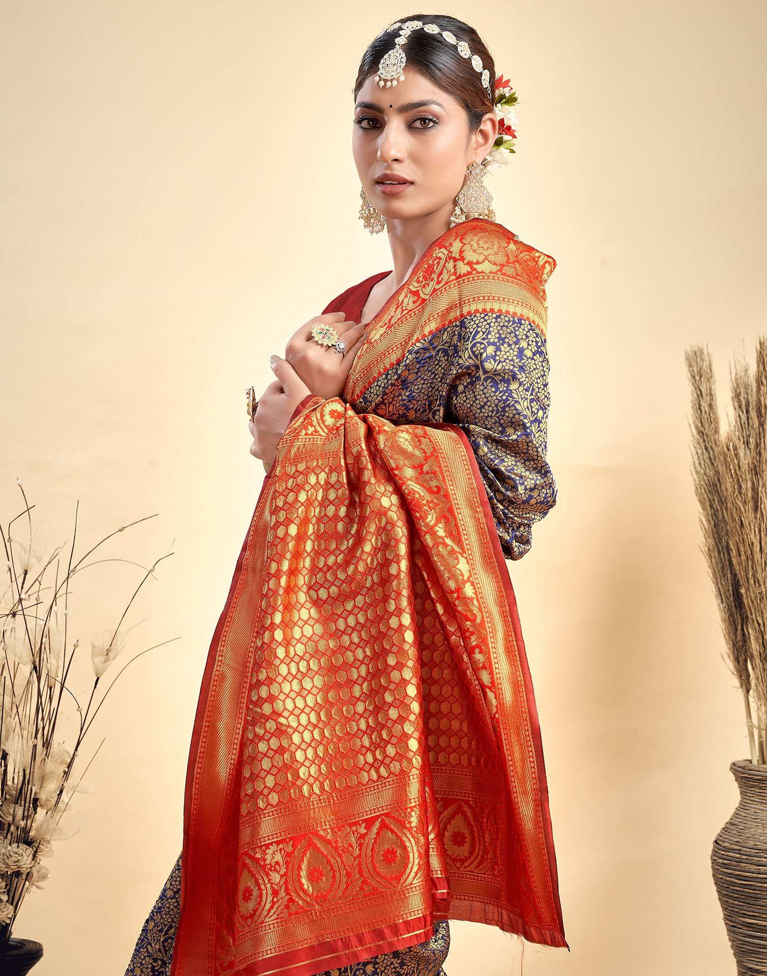 Navy Blue Silk Woven Banarasi Saree