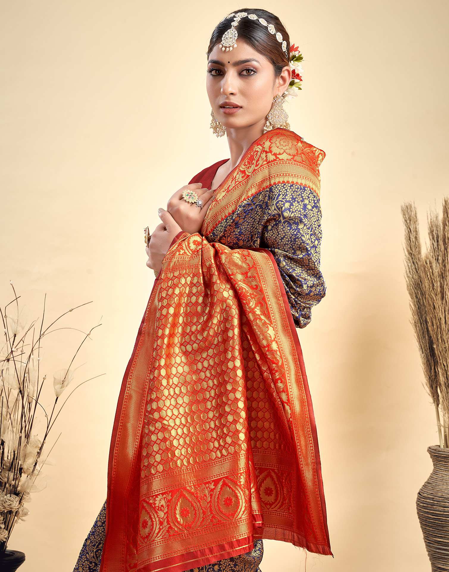 Navy Blue Silk Woven Banarasi Saree
