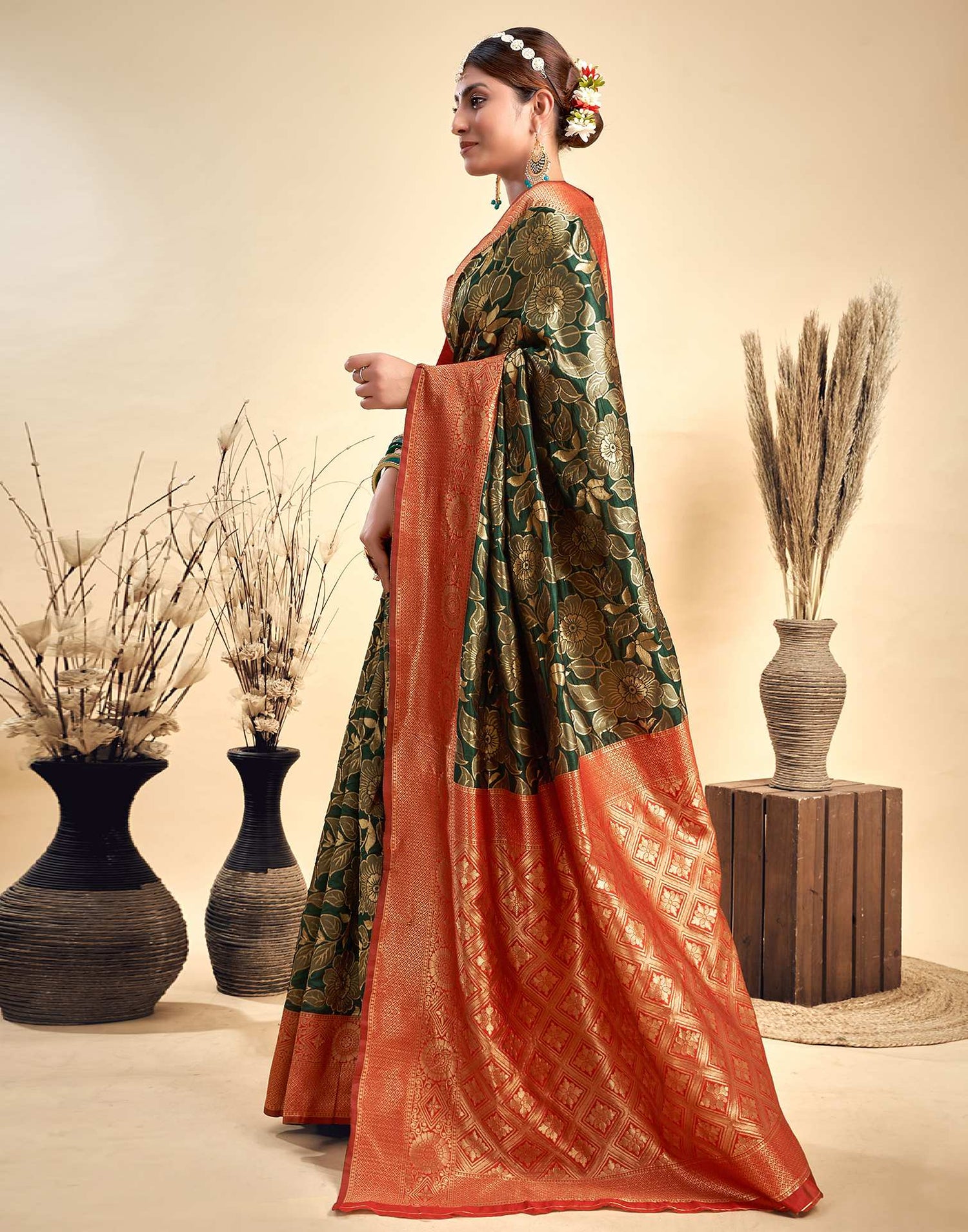 Dark Green Silk Woven Banarasi Saree