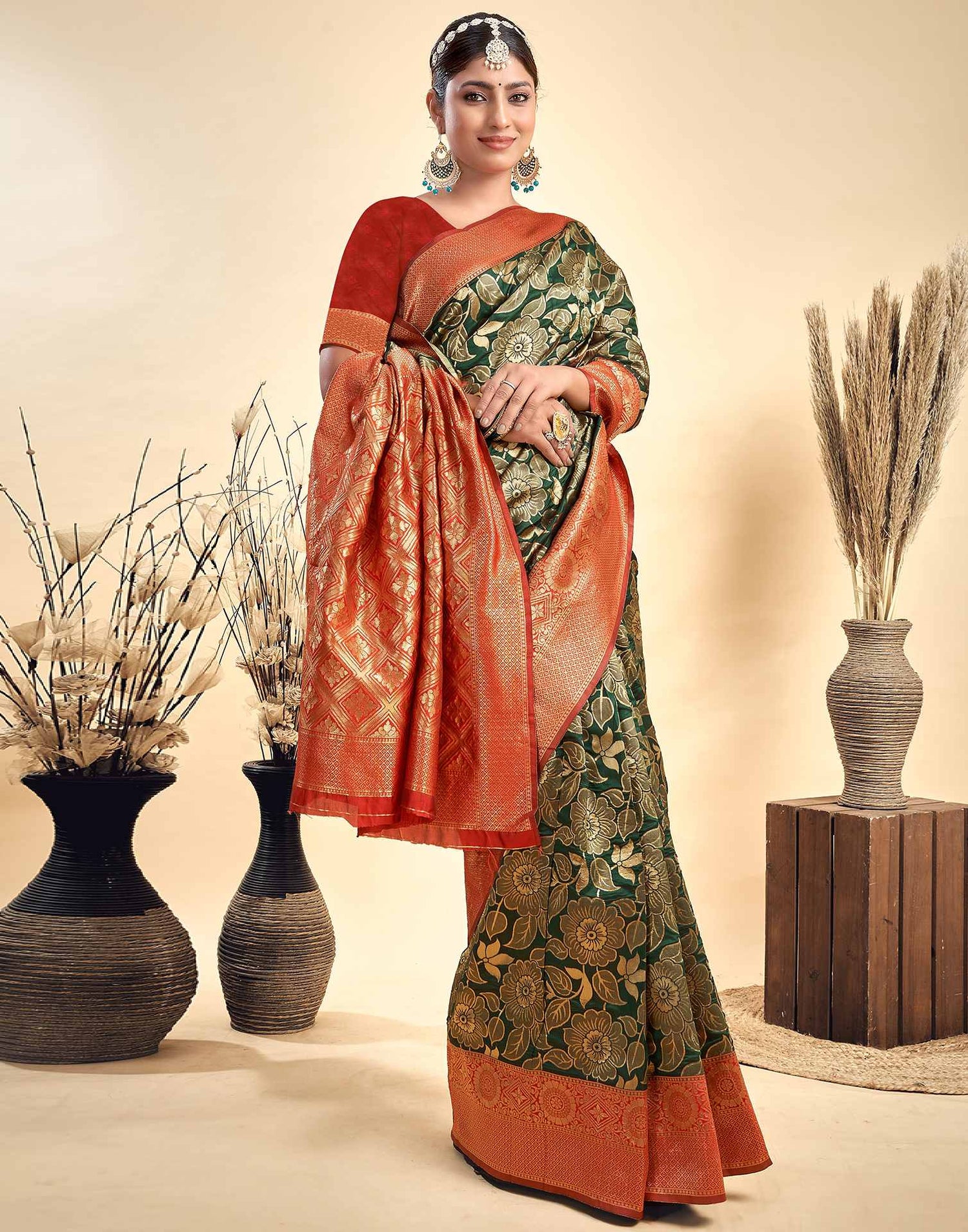Dark Green Silk Woven Banarasi Saree