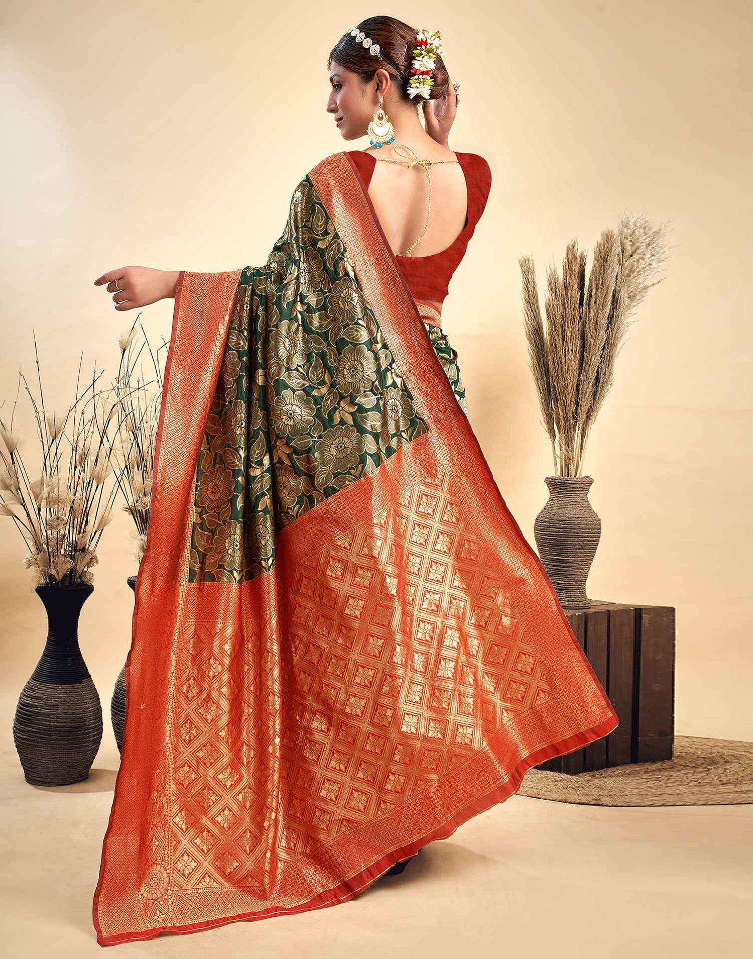 Dark Green Silk Woven Banarasi Saree