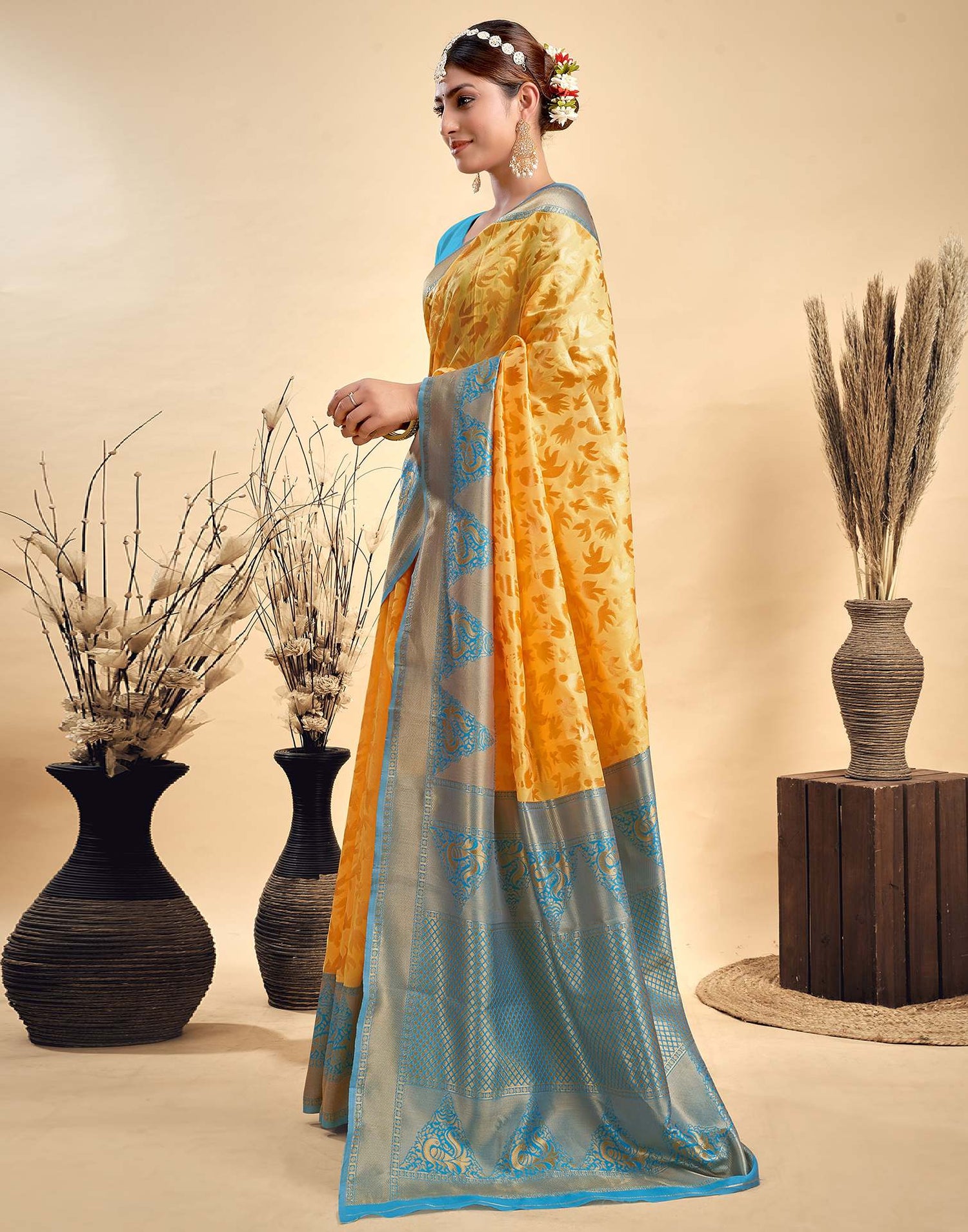 Yellow Silk Woven Saree