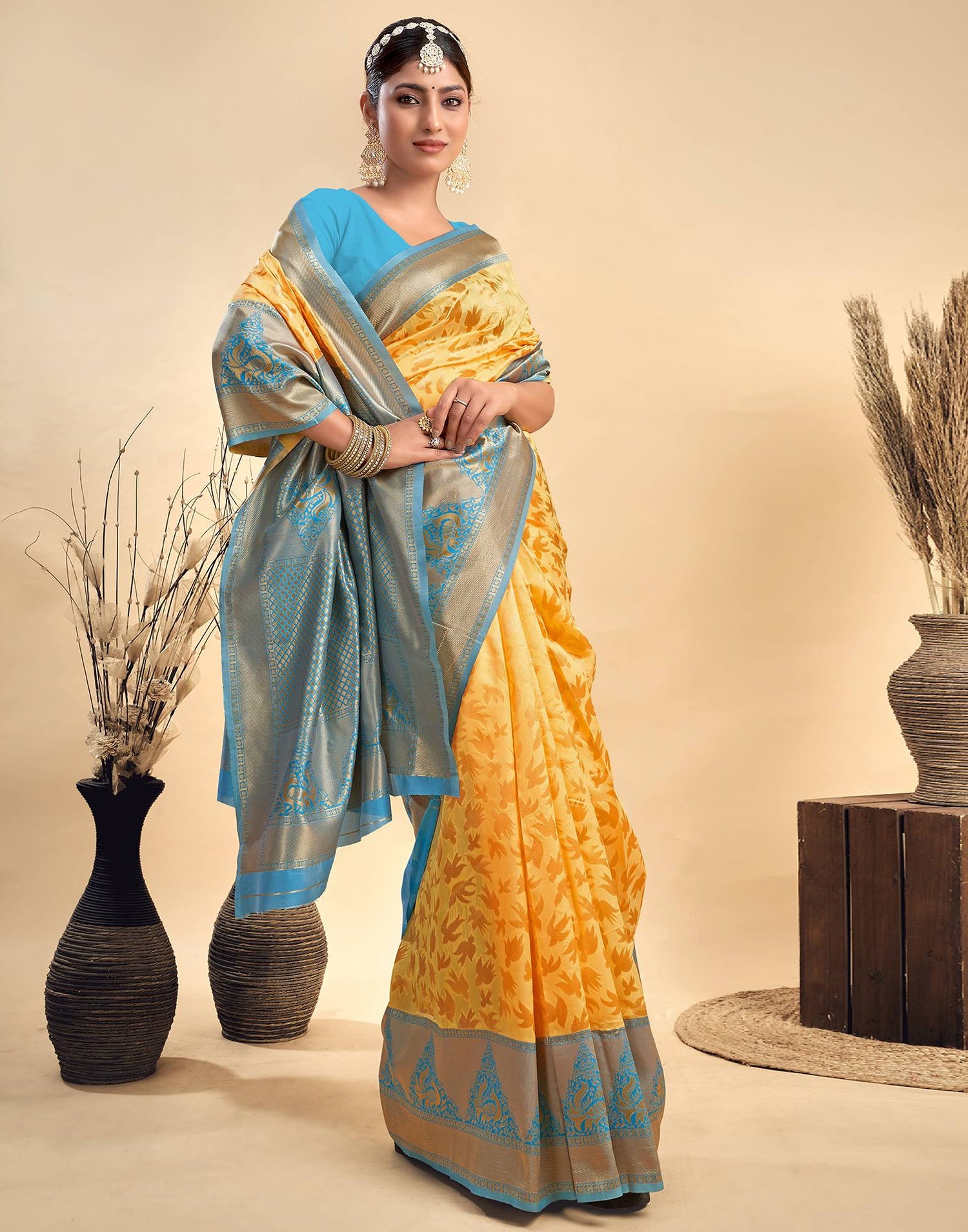 Yellow Silk Woven Saree
