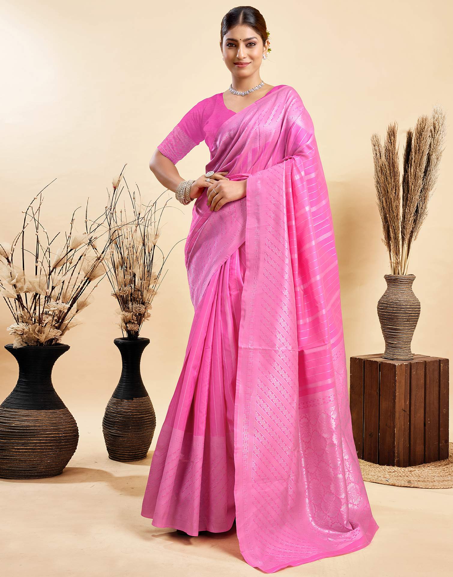 Pink Silk Woven Saree